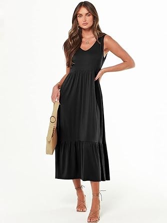 Prinbara Women's Summer Casual Dress Sleeveless V Neck Swing Sundress Flowy Tiered Loose Maxi Dress with Pockets