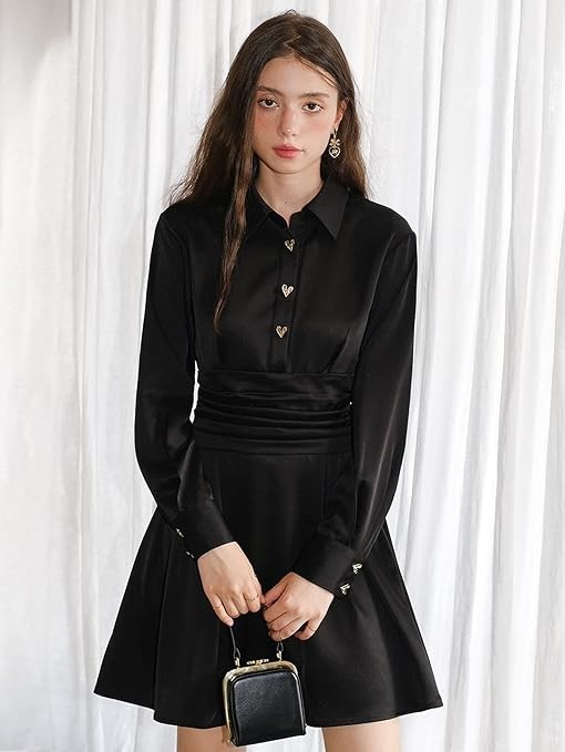 OSHHO Fall Dresses for Women 2023 Button Front Pleated Detail Shirt Dress Dresses for Women