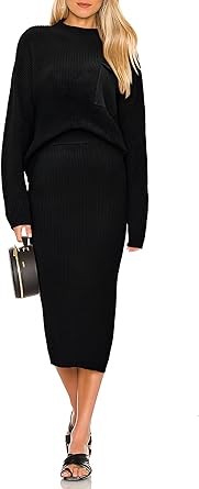 PRETTYGARDEN Womens 2023 Fall Two Piece Outfits Ribbed Knit Long Sleeve Pullover Sweater And Bodycon Midi Skirt Sets