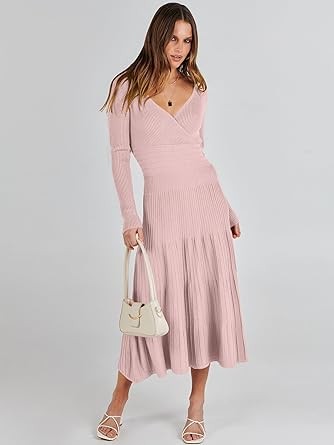 ANRABESS Women's Wrap Midi Sweater Dresses Long Sleeve V Neck High Waist Ribbed Knit Pleated A-Line Dress