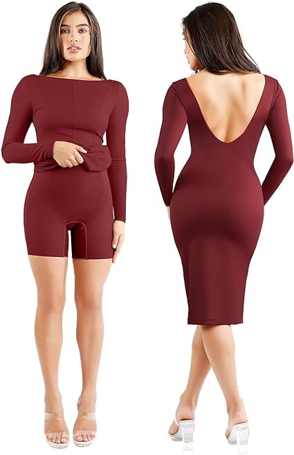 Popilush Long Sleeve Backless Shaper Dress with Built in Shapewear Midi Bodycon Dress Winter Dresses for Curvy Women