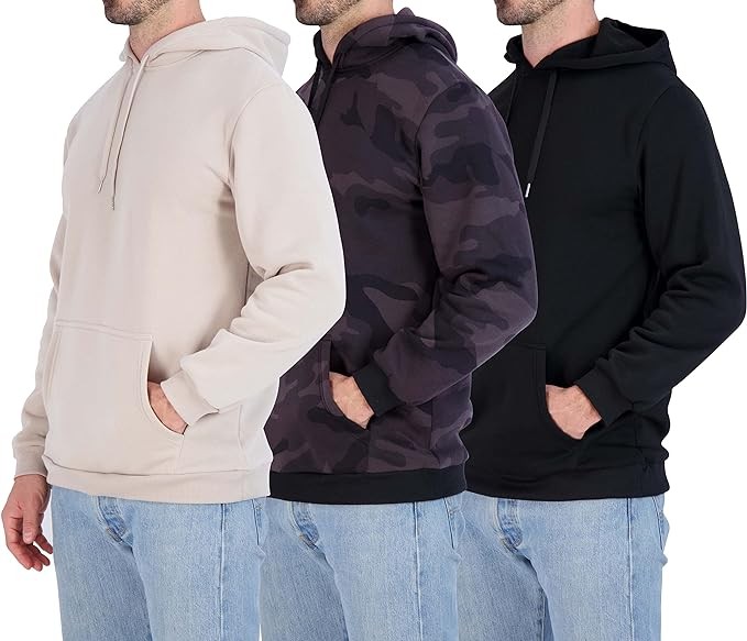 Real Essentials 3 Pack: Men's Fleece Pullover Hoodie - Long Sleeve Hooded Sweatshirt Pockets (Available in Big & Tall)