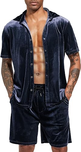 LecGee Men Summer Casual Short Sets Velvet Short Sleeve Button Down Shirt Elastic Waist Shorts 2 Piece Outfits Tracksuit