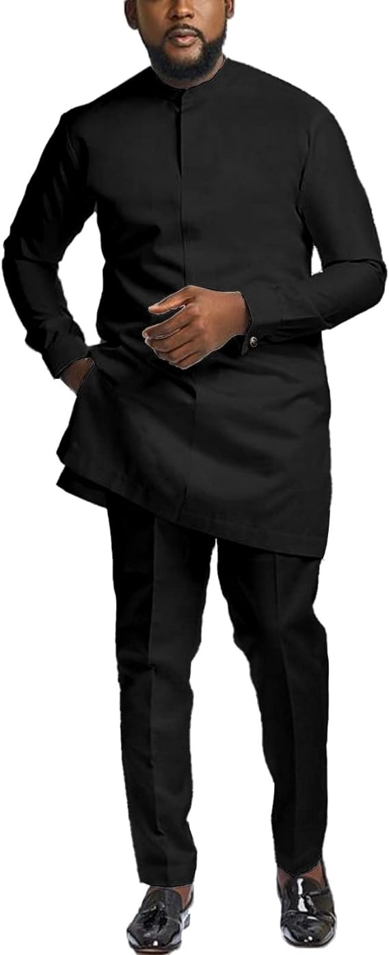 African Suits for Men Slim Fit Dashiki Long Sleeve Shirt and Pant 2 Piece Attire Traditional Outfits