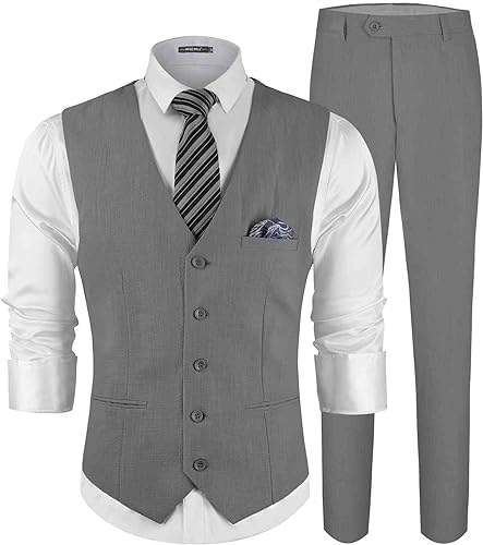 MAGE MALE Men's Linen 2 Piece Suit Slim Fit Wedding Groomsmen Summer Vest Pants Set with Pocket Square