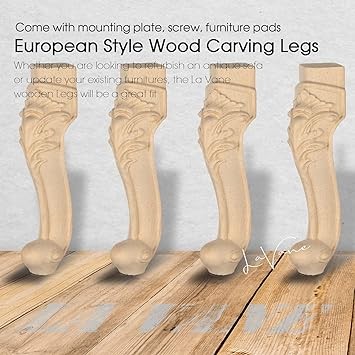 La Vane 10 inch / 25cm Wooden Furniture Legs, Set of 4 European Style Solid Wood Carving Furniture Replacement Feet Decoration for Sofa Cabinet Wardrobe Table Loveseat