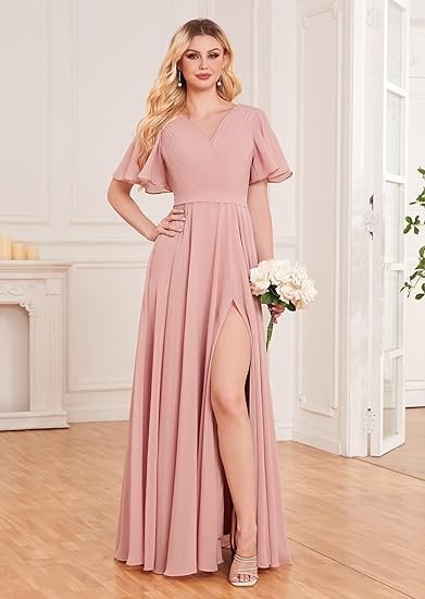 Susubiby V Neck Long Bridesmaid Dresses with Sleeves A Line Pleated Formal Dresses for Women