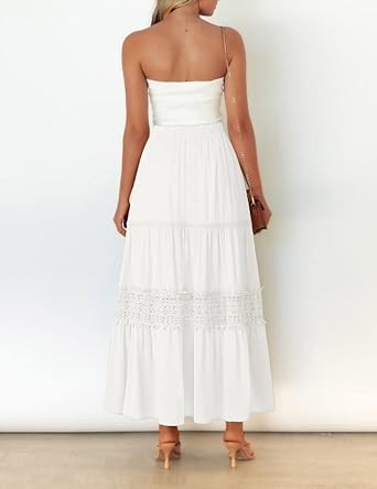 MEROKEETY Women's Boho Elastic High Waist Pleated A-line Ruffle Lace Trim Tiered Midi Maxi Skirt with Pockets